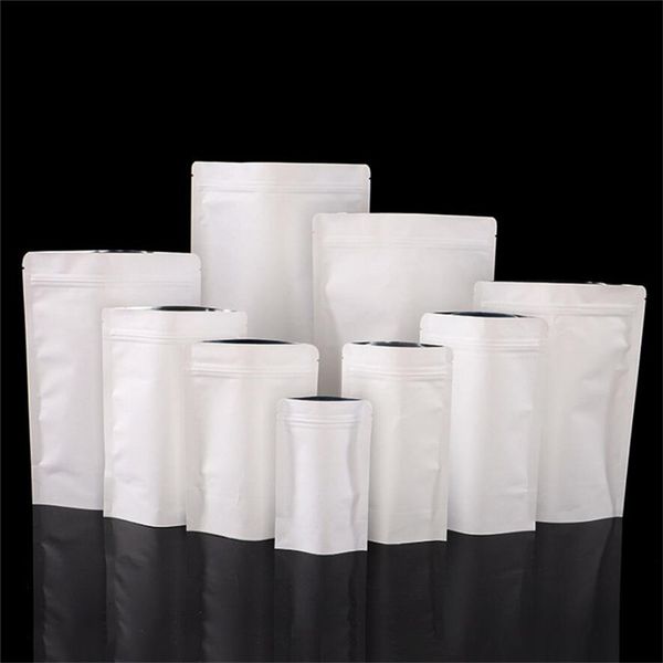 Bolsas de papel Kraft blanco, bolsa de alimentos resellable, forro de papel de aluminio, bolsa de embalaje, bolsas de almacenamiento de pie para merienda de té
