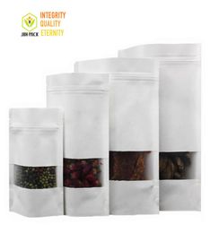 Bolsas de papel Kraft blanco con cremallera Ventana helada Levántese Bolsas de barrera Alimentos secos Merienda Embalaje de té Ziplock Doypack 100pcslot1660639