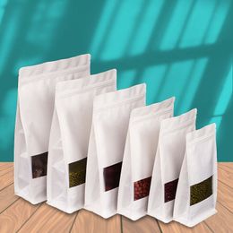 Bolsas de embalaje de papel Kraft blanco Ventana transparente octogonal Bolsa a prueba de olores para alimentos Galletas Merienda Hierbas secas Café Grano Té Frutas secas Nueces Granos Semillas Almacenamiento