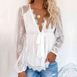 Blouse Blouse Blouse Blouse Chemises Femmes Autumn Winter V Cou Cou Sheer Manches Chemise Chemise Avant Top Femme 210427