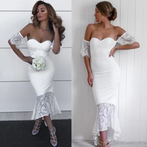 Best Selling High Low Lace Country Bruidsmeisjes Jurken Mermaid Off The Shoulder Wedding Gast-jurk met korte mouwen Maid of Honorjurken