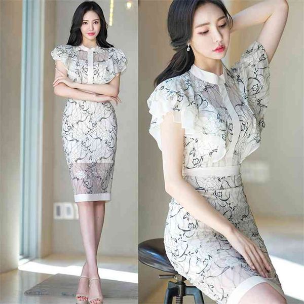 Vestido de encaje blanco para mujeres Corea Ruffle Sleeve Stand Sundress Office Ladies Formal Midi Vestidos 210602