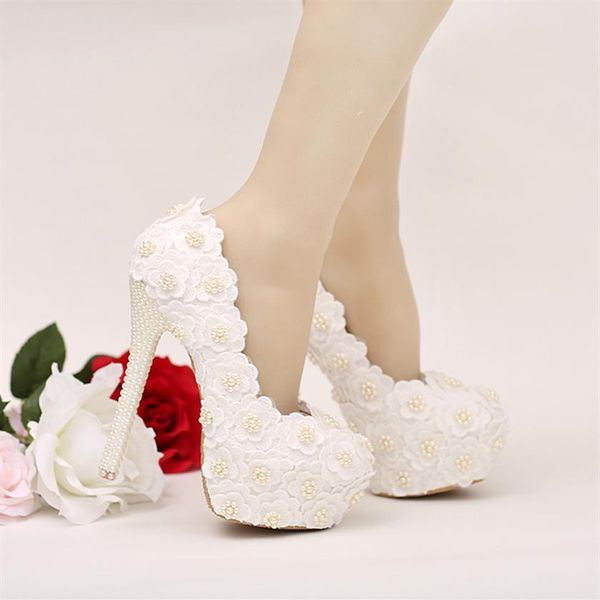 Blanc dentelle fleur demoiselle d'honneur chaussures talon aiguille chaussures de mariée avec ivoire perle talon Banquet bal pompes mariage fête Shoes261N