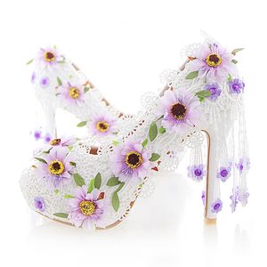 Blanc Dentelle Fleur À Talons Hauts Chaussures De Mariage De Mode Belles Femmes Parti Chaussures De Bal Peep Toe D'été Discothèque Pompes avec Gland