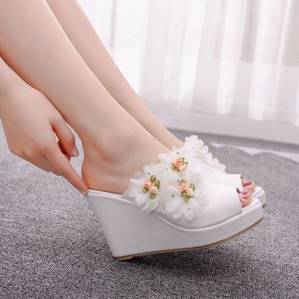 Blanc Dentelle Fleur Peep Toe Plate-Forme Compensées Sandales Compensées Talons Hauts Pantoufles Plage Sandales Femmes Chaussures