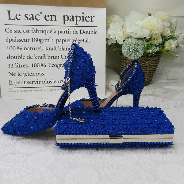 Chaussures de mariage en dentelle blanche fleur avec sacs assortis talons hauts bout pointu bride à la cheville dames chaussures de fête et sac ensemble robe perle