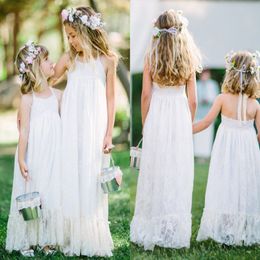 Witte kanten halter bloemenmeisjes jurken voor strand trouwfeest 2016 backless vloer lengte meisjes optocht jurken kinderen formeel slijtage goedkope dre 256t