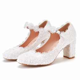 Dentelle blanche dame chaussures de fête 3 pouces talon carré chaussures de demoiselle d'honneur confortable bout rond mariage femme pompes brides à la cheville