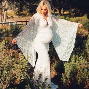 Witte kanten zwangerschap jurken fotografie props sexy split side maxi jurk voor zwangere diepe v-neck vrouwen lange zwangerschapsjurk fotoshoots 2024 heet