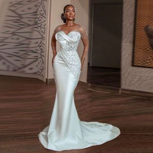 White Lace Sirène Drs Pearls Perls transparent Long Sleev Bridal Robes African Sweep Train Wedding Vtidos 0518