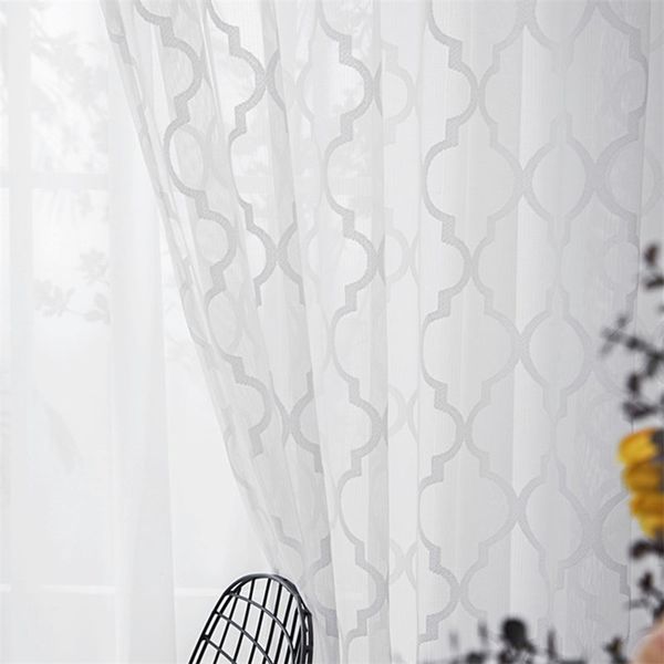 Blanc Dentelle Maille Tulle Fenêtre Écran Rideau pour Chambre Motif À Carreaux Sheer dans Salon Rideaux All-match Fil 210712