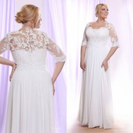 Vestidos de tamaño grande de encaje blanco con mangas transparentes Bateau Neck A-Line Bohemian Wedmian Wedding Dress Longitud de piso Beach Vestidos de novia 415