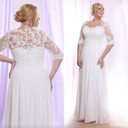 Witte kanten plus size trouwjurken met mouwen pure batau nek een lijn Boheemse trouwjurk vloer lengte chiffon strand bruidsjurken