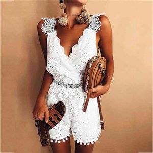 Dentelle blanche Summer Romper Femme Salopette Sans manches Creux Out Dos nu Broderie Playsuit Beach 210427