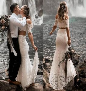 Wit kant tweedelig strand trouwjurken 2021 prachtige van de schoudertuin Boho bruidsjurken Vestidos de novia country weddi5722558