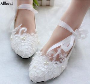 Elegant White Mary Jane Wedding Flats with Lace Pearls, Handmade Ribbon Bridal Shoes with Low Heel and Appliqued Design