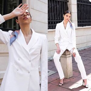 Trajes de chaqueta de dama blanca con doble botonadura y manga larga, trajes de novia de dos piezas, ropa de boda para fiesta de noche (chaqueta + pantalones)