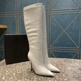 Witte lambskine lederen kniehoge laarzen zijzip schoenen puntig teen 10 cm hiel lange laars mode stiletto laarsjes luxe ontwerpers schoen voor dames fabrieksschoenen