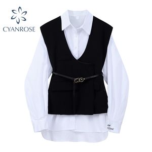 Blanc revers chemisier hauts bureau dame élégantes chemises femmes gilet élégant coréen Vintage avec ceinture décontracté printemps tenue ensemble 210417