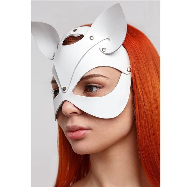 Máscara de couro branco para gato, capuz de borracha, máscara feminina para gato, roupa de festa, fornecedor de fábrica, máscara de capuz fetiche em 284b