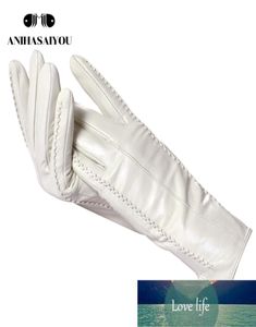 Guantes de cuero blanco para mujer, forro de algodón de cuero genuino, guantes de cuero de moda cálidos, guantes de cuero cálidos para invierno 2226 Fa9938496