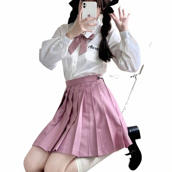 Blanco LG manga JK uniforme escolar traje otoño invierno cintura alta rosa faldas plisadas mujeres estudiante niña ropa japonesa coreana l5nC #