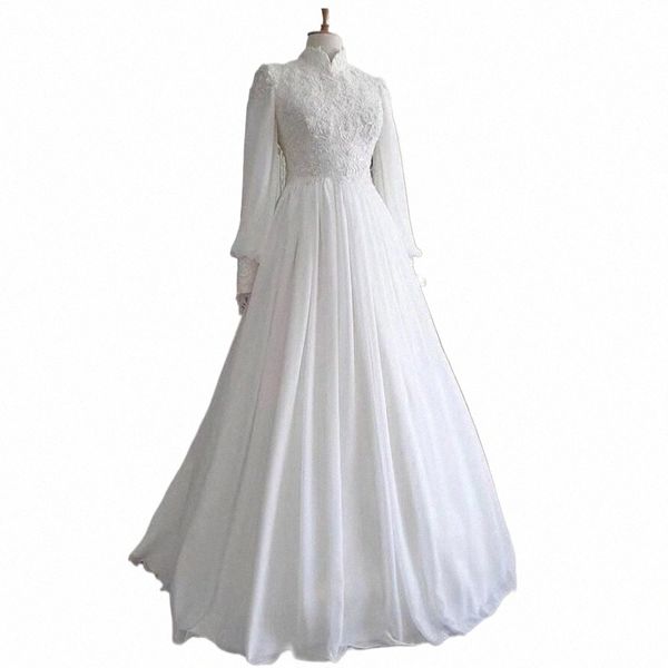 Blanc Lg manches musulman mariage Dres pour mariée vraie Photo dentelle mousseline de soie a-ligne robes de Novia Maldives robes de mariée 2024 G9BA #