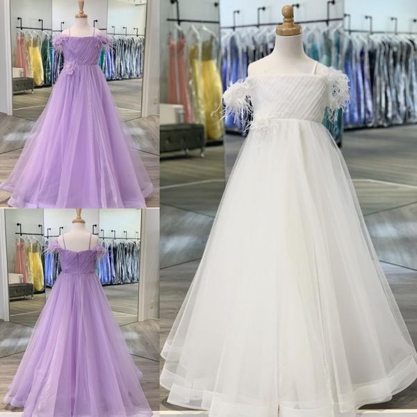 Robe de concours de lilas blanc pour petite fille infantile enfant en bas âge bébé enfants 2020 SH A-ligne florale manches en plumes jupe en tulle robes de première communion