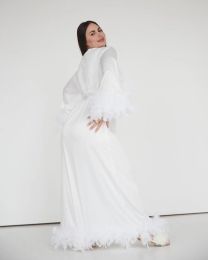 Blanc Long Feather Bride Robe Nightie pour le boudoir Bridesmaid Gift Feather Robe for Bridal Shower Wedding Maxi Dreshing Robe