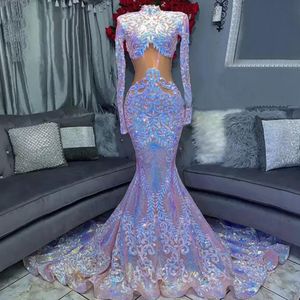 Wit Lange Fishtail Avondjurken 2022 Hoge Hals Lange mouw Sparkly Kleurrijke Lovertjes Mermaid African Aso Ebi Black Girls Prom Gala Gowns PRO232