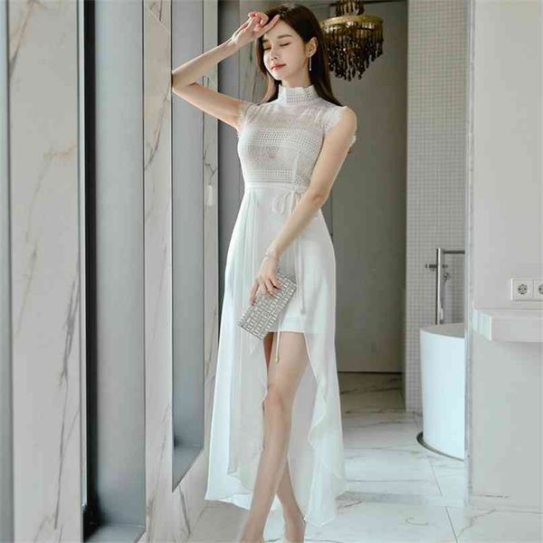 Robe longue blanche Maxi pour femmes Summer Corée Sans manches Stand Dentelle Sexy Sundress Dames Robes de soirée irrégulières 210602