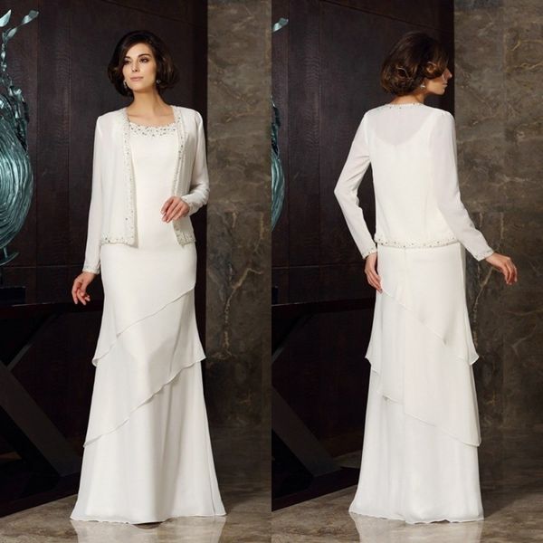 Vestido largo blanco de la madre de la novia Vestidos de gasa de dos piezas Cuentas de chiffon hasta el suelo Vestidos de fiesta para madres Más el tamaño vestido de fiesta de graduación de Caftan