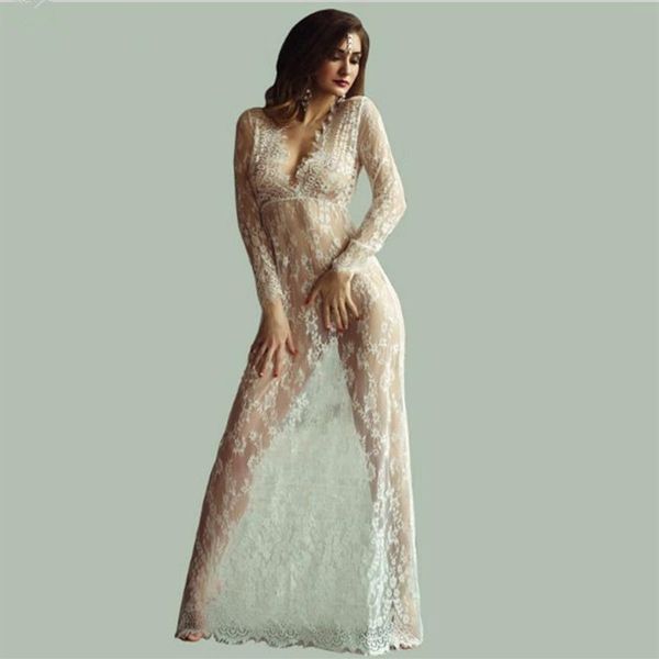 Chemise de nuit longue blanche pour femmes, vêtements de nuit Sexy en dentelle, nuisettes transparentes, lingerie, robe de nuit, grande taille 346f