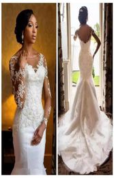 Country à manches longues blanches Vintage sirène robes de mariée en satin robes de mariée et robes de mariage de taille avec perles8182150