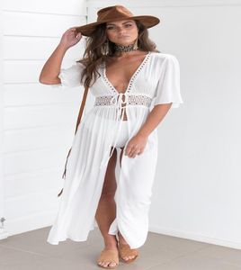 Blanc Long Summer Beach Robe for Women Juicy Open Deep V décolleté transparent Robes en mousseline de mousseline Boho1608885