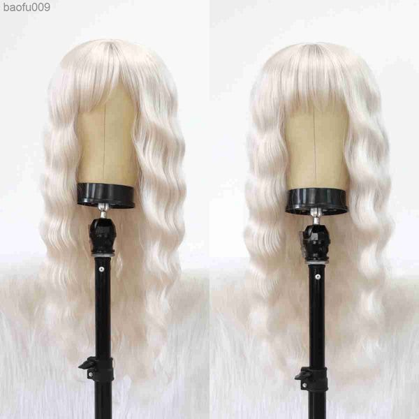 Perruques blanches à ondes longues avec frange pour femmes perruque longue perruque blonde platine aspect naturel perruque synthétique résistante à la chaleur L230520
