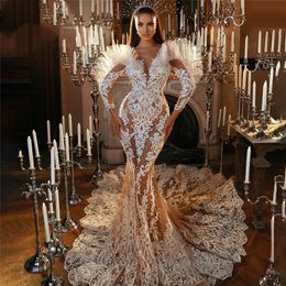 Blanc longue robe de mariée 2021 col en V dubaï luxe dentelle Applique femmes Illusion saoudien arabe robes formelles grande taille