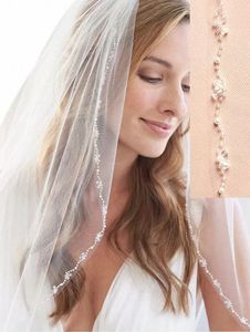 Wit/ lvory 1 Tier Fingertip Wedding Veils Crystal Pearl Bruid Veil met kam Bridal Assessions Velo de Mantilla P0PL#
