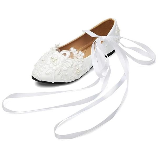 Zapatos de boda blancos con perlas de encaje Mary Jane para novias con cinta, zapatos de novia con tiras, tacón bajo, apliques hechos a mano, elegantes damas Perf2801