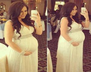 Witte zwangerschapsjurken diep v nek vloeren lengte chiffon avondjurken elegante formele prom -jurken voor zwangere vestido6368716