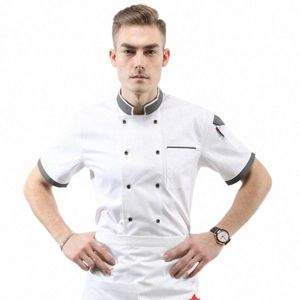 Blanc Hommes Chef Jacket Restaurant Boulangerie Food Service À Manches Courtes Respirant Double Breasted Chef Uniforme Manteau De Cuisson Logo Gratuit D4nx #