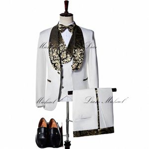 Traje de hombre blanco Boda Novio Tuxedo Brzing Collar Chaqueta Pantalones Chaleco Conjunto de tres piezas Fiesta formal Dr XS-5XL M3Uz #