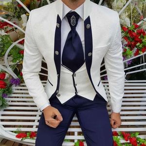 Witte herenpakken Bruiloftsblazer Jacquardstof met enkele rij knopen Normale lengte Formeel 3-delig Jack Broeken Vest Slim Fit