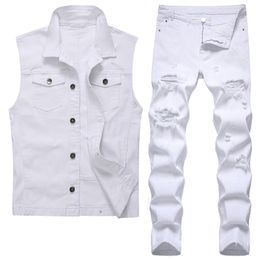 Witte herenvest en jeans 2-delige sets Zomer trainingspakken Gescheurd gat Slim-fit denim gilet + broek Tweedelige set Conjuntos de hombres