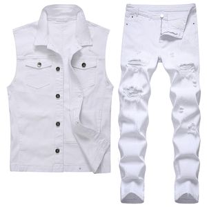 Gilet et jean pour hommes blancs 2 pièces ensembles survêtements d'été trou déchiré gilet en jean coupe cintrée + pantalon ensemble deux pièces Conjuntos de hombres