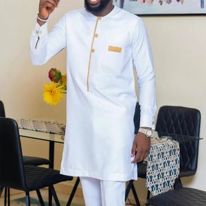 Blanc Men Suit Ensemble de mariages Luxury Pantalons de couleur unie avec des poches Kaftan Tenues de 2 pièces