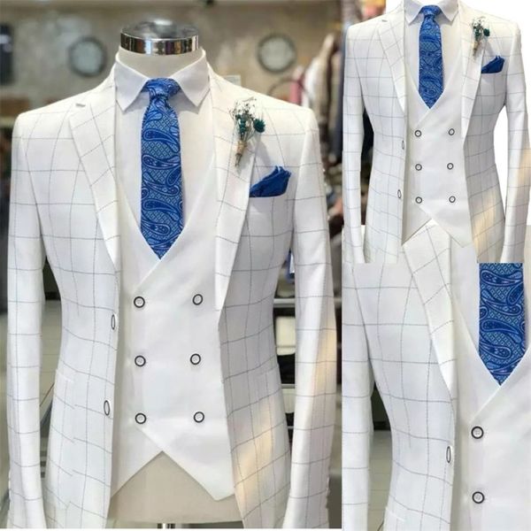 Blanc Men Suits Vérifiez le motif de mariage Tuxedo Usure formelle personnalisée beau costume de fête Vest White Pant 283E