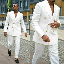 Witte mannen Pakken dubbele borsten bruidegom roken prom man blazer slanke pasvorm twee stukken mannen bruiloft pakken tuxedos jacketpants2176790