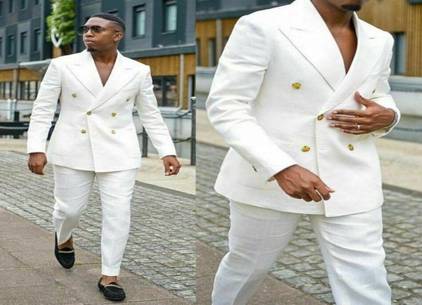 Trajes de hombres blancos para novios de doble pecho fumador de baile de graduación blazer fit de dos piezas