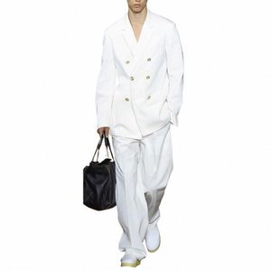 Blanc Hommes Costumes Été Fi Notch Revers et Double Boutonnage Vêtements Pour Hommes Smart Casual Quotidien 2 Pièces Ensemble Blazer Pantalon 2023 75ch #